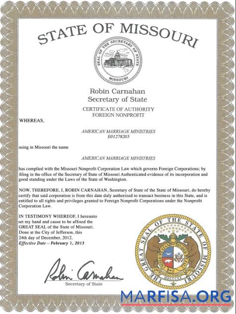 Downloadable USA Missouri marriage certificate template in PSD format